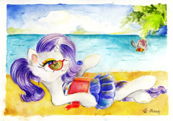 Size: 1024x715 | Tagged: safe, artist:lailyren, artist:moonlight-ki, imported from derpibooru, rarity, sweetie belle, pony, beach, clothes, sunbathing, sunglasses, swimming, swimsuit, traditional art, watercolor painting, waving