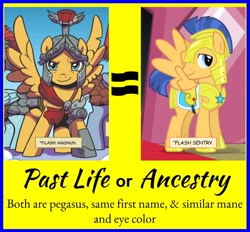 Size: 962x894 | Tagged: safe, artist:artking3000, idw, imported from derpibooru, flash magnus, flash sentry, pegasus, pony, three's a crowd, ancestors, armor, family, male, official comic, slowpoke, stallion
