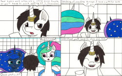 Size: 3286x2052 | Tagged: safe, artist:eternaljonathan, imported from derpibooru, princess celestia, princess luna, oc, oc:nemo, pony, comic:a new twist, comic, guardian, horn ring, royal sisters, science fiction, traditional art