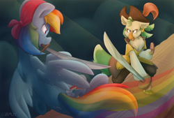 Size: 4000x2700 | Tagged: safe, artist:luximus17, imported from derpibooru, captain celaeno, rainbow dash, anthro, my little pony: the movie, absurd resolution, clothes, mouth hold, pirate, pirate rainbow dash, scene interpretation, sword, weapon