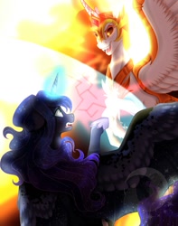 Size: 1433x1814 | Tagged: safe, artist:djspark3, imported from derpibooru, daybreaker, princess luna, alicorn, pony, a royal problem, crying, evil grin, fight, force field, glowing horn, grin, magic, mane of fire, role reversal, smiling, spread wings, wings