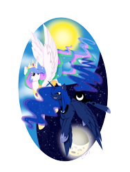 Size: 4478x5950 | Tagged: safe, artist:djspark3, imported from derpibooru, princess celestia, princess luna, pony, absurd resolution, flying, grin, looking at each other, moon, royal sisters, smiling, sun