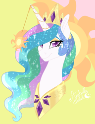 Size: 1440x1871 | Tagged: safe, artist:djspark3, imported from derpibooru, princess celestia, alicorn, pony, bust, cutie mark background, eyeshadow, female, horn jewelry, jewelry, lidded eyes, makeup, mare, portrait, regalia, signature, smiling, solo