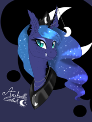 Size: 1440x1920 | Tagged: safe, artist:djspark3, imported from derpibooru, princess luna, alicorn, pony, alternate design, bust, cutie mark background, ear fluff, fangs, female, freckles, horn jewelry, jewelry, mare, portrait, regalia, signature, slit eyes, slit pupils, smiling, solo