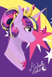 Size: 1440x2145 | Tagged: safe, artist:djspark3, imported from derpibooru, twilight sparkle, alicorn, pony, alternate hairstyle, bust, cutie mark background, eyeshadow, female, hair bun, horn jewelry, jewelry, makeup, necklace, portrait, regalia, signature, smiling, solo, twilight sparkle (alicorn)