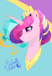 Size: 1024x1488 | Tagged: safe, artist:djspark3, imported from derpibooru, princess cadance, pony, alternate hairstyle, bust, cutie mark background, eyeshadow, female, horn jewelry, jewelry, makeup, portrait, regalia, signature, smiling, solo, watermark