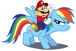 Size: 2284x1522 | Tagged: safe, artist:flutterflyraptor, imported from derpibooru, rainbow dash, pony, crossover, humans riding ponies, mario, mario bros riding rainbow dash, riding, simple background, super mario bros., transparent background