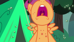 Size: 1280x720 | Tagged: safe, imported from derpibooru, screencap, scootaloo, fly-der, pony, campfire tales, female, fly-der bite, nose in the air, open mouth, solo, volumetric mouth