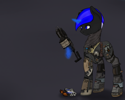 Size: 3500x2800 | Tagged: safe, artist:syntiset, imported from derpibooru, oc, oc only, oc:pixel shield, pony, unicorn, battery, gift art, grenade launcher, gun, jetpack, magic, male, pilot, softball, solo, stallion, titanfall, titanfall 2, weapon