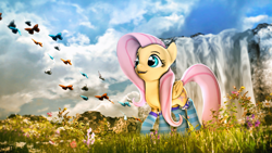 Size: 1920x1080 | Tagged: safe, artist:star-lightstarbright, imported from derpibooru, fluttershy, butterfly, pony, 3d, clothes, cute, female, happy, shyabetes, socks, solo, striped socks, waterfall