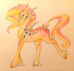 Size: 1024x981 | Tagged: safe, artist:oneiria-fylakas, imported from derpibooru, sunset shimmer, original species, pony, curved horn, female, skall, solo, species swap, traditional art