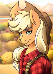 Size: 1800x2500 | Tagged: safe, artist:ciderpunk, imported from derpibooru, applejack, pony, apple orchard, clothes, female, rope, shirt, solo