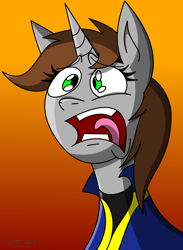 Size: 1200x1637 | Tagged: safe, artist:derpanater, imported from derpibooru, oc, oc only, oc:littlepip, pony, unicorn, fallout equestria, bust, clothes, female, freaking out, gradient background, jumpsuit, mare, open mouth, portrait, screaming, solo, vault suit, wide eyes