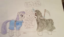 Size: 1834x1074 | Tagged: safe, artist:rapidsnap, imported from derpibooru, maud pie, earth pony, pony, emotionless, female, grim reaper, mare, maud being maud, scythe, stare, staring contest, sycthe, traditional art