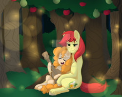 Size: 1024x819 | Tagged: safe, artist:twisted-sketch, imported from derpibooru, bright mac, pear butter, pony, the perfect pear, apple tree, brightbutter, bronycon2017, female, guitar, male, print, shipping, straight, tree, watermark