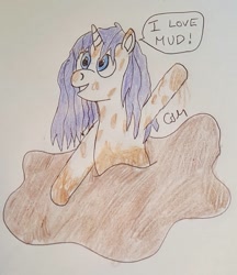 Size: 1093x1267 | Tagged: safe, artist:rapidsnap, imported from derpibooru, rarity, pony, female, mud, mud bath, muddy, out of character, solo, traditional art