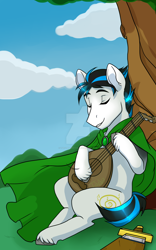 Size: 1024x1638 | Tagged: safe, artist:twisted-sketch, imported from derpibooru, oc, oc only, oc:onyxsong, earth pony, pony, bronycon2017, commission, eyes closed, guitar, male, sitting, stallion, unshorn fetlocks, watermark