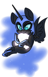 Size: 1024x1638 | Tagged: safe, artist:twisted-sketch, imported from derpibooru, nightmare moon, alicorn, pony, bronycon2017, chibi, female, mare, simple background, solo, sticker, tangible heavenly object, watermark, white background