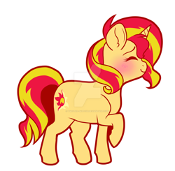 Size: 1024x1002 | Tagged: safe, artist:twisted-sketch, imported from derpibooru, sunset shimmer, pony, unicorn, blushing, bronycon2017, charm, eyes closed, female, happy, mare, merchandise, raised hoof, smiling, solo, watermark