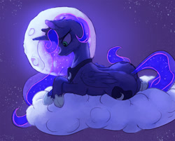 Size: 800x643 | Tagged: safe, artist:alcor, artist:grissaecrim, artist:raikoh, color edit, edit, imported from derpibooru, princess luna, alicorn, pony, backlighting, butt, cloud, colored, female, looking down, mare, moon, moonbutt, night, plot, prone, solo, stars