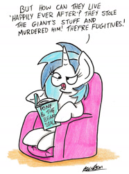 Size: 1212x1630 | Tagged: safe, artist:bobthedalek, imported from derpibooru, dj pon-3, vinyl scratch, pony, unicorn, armchair, book, chair, derp, dialogue, female, jack and the beanstalk, sitting, solo, traditional art