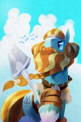 Size: 1000x1500 | Tagged: safe, artist:talonsofwater, imported from derpibooru, rockhoof, earth pony, pony, campfire tales, beard, clothes, facial hair, male, rockhoof's shovel, shovel, solo, stallion