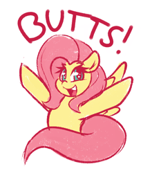 Size: 582x661 | Tagged: safe, artist:graphene, imported from derpibooru, fluttershy, pegasus, pony, butts, colored sketch, cute, dialogue, female, looking at you, mare, open mouth, shyabetes, simple background, smiling, solo, white background