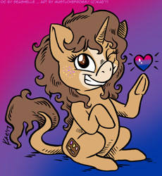 Size: 919x1000 | Tagged: safe, artist:kaemantis, imported from derpibooru, oc, oc only, oc:chiaroscuro, pony, unicorn, bisexual, chibi, commission, female, freckles, heart, leonine tail, looking at you, mare, one eye closed, sitting, smiling, solo, wink