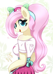 Size: 1010x1400 | Tagged: safe, artist:joakaha, imported from derpibooru, fluttershy, anthro, unguligrade anthro, eqg summertime shorts, equestria girls, pet project, alternate hairstyle, arm hooves, big breasts, bow, breasts, busty fluttershy, clothes, cute, female, heart, looking at you, looking back, mare, off shoulder, open mouth, shirt, shyabetes, smiling, solo, wingless, wingless anthro