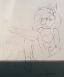 Size: 1843x2212 | Tagged: safe, artist:melodytheartpony, imported from derpibooru, oc, oc only, oc:melody silver, anthro, dracony, hybrid, birthday, female, pencil drawing, piercing, solo, traditional art