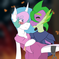 Size: 1688x1688 | Tagged: safe, artist:moonakart13, artist:moonaknight13, imported from derpibooru, princess celestia, spike, dragon, adult, adult spike, armor, blushing, bridal carry, carrying, castle, chains, clothes, crack shipping, dress, eyes closed, female, fire, freckles, gala dress, male, older, older spike, rescue, saved, shackles, shipping, smiling, spikelestia, straight