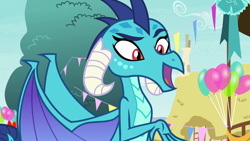 Size: 1280x720 | Tagged: safe, imported from derpibooru, screencap, princess ember, dragon, triple threat, balloon, dragon lord ember, female, raised eyebrow, solo, wings