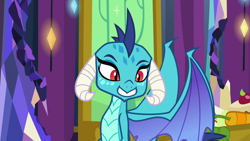Size: 1280x720 | Tagged: safe, imported from derpibooru, screencap, princess ember, dragon, triple threat, female, smiling, solo