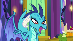 Size: 1280x720 | Tagged: safe, imported from derpibooru, screencap, princess ember, dragon, triple threat, carrot, female, food, raised eyebrow, solo