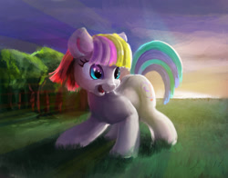 Size: 1660x1300 | Tagged: safe, artist:xbi, imported from derpibooru, toola roola, earth pony, pony, fame and misfortune, cute, female, filly, forest, grass field, happy, mare, open mouth, smiling, solo, tree