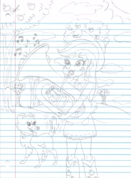 Size: 1511x2054 | Tagged: safe, artist:haleyc4629, imported from derpibooru, applejack, winona, dog, fanfic:the tuba cowgirl, equestria girls, apple orchard, ballad (song), fanfic, fanfic art, fanfic illustration, female, lined paper, musical instrument, noon, playing instrument, sketch, solo, the tuba cowgirl, traditional art, tuba, tubajack