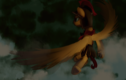 Size: 2574x1650 | Tagged: safe, artist:php69, imported from derpibooru, flash magnus, pegasus, pony, campfire tales, cloud, flying, helmet, male, solo, spread wings, stallion, underhoof, wings