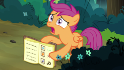 Size: 1280x720 | Tagged: safe, imported from derpibooru, screencap, scootaloo, pony, campfire tales, book, female, solo