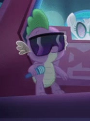 Size: 530x711 | Tagged: safe, imported from derpibooru, screencap, dj pon-3, spike, vinyl scratch, dragon, my little pony: the movie, cropped, male, mc spike, microphone, solo, sunglasses