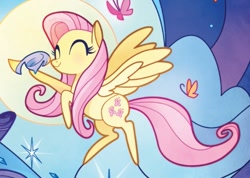 Size: 899x640 | Tagged: safe, artist:alexia tryfon, imported from derpibooru, fluttershy, bird, butterfly, pegasus, pony, my little pony: the movie, the art of my little pony: the movie, blushing, cropped, cute, eyes closed, female, mare, shyabetes, solo focus
