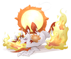 Size: 1024x842 | Tagged: safe, artist:midnightpremiere, imported from derpibooru, daybreaker, alicorn, pony, behaving like a cat, diabreaker, fangs, female, fire, mane of fire, mare, on back, simple background, smiling, solo, sun, tangible heavenly object, transparent background