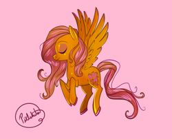 Size: 1312x1060 | Tagged: safe, artist:bluetita, imported from derpibooru, fluttershy, pony, colored hooves, eyes closed, female, floating, flying, no more ponies at source, pink background, simple background, solo, spread wings, wings
