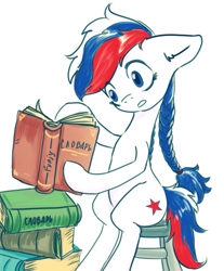 Size: 829x1000 | Tagged: safe, artist:kovoranu, imported from derpibooru, oc, oc only, oc:marussia, earth pony, pony, book, braid, chair, female, learning, nation ponies, ponified, reading, russia, russian, simple background, sitting, solo, translated in the comments, white background