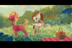Size: 900x603 | Tagged: safe, artist:wolfiedrawie, imported from derpibooru, oc, oc only, oc:chica, oc:drew, pony, duo, eating, fruit, fruit basket, grass, grazing, herbivore, horses doing horse things, picnic, pointing, scenery