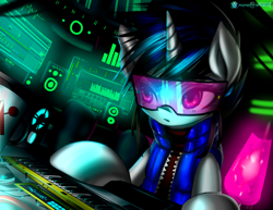 Size: 3850x2975 | Tagged: safe, artist:monochromacat, imported from derpibooru, dj pon-3, vinyl scratch, pony, unicorn, computer, cup, female, keyboard, lava lamp, mare, musical instrument, screen, solo, visor