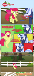 Size: 1919x4225 | Tagged: safe, artist:estories, imported from derpibooru, apple bloom, oc, oc:silverlay, original species, pony, unicorn, comic:a(pple)ffection, comic, female, mare, sweet apple acres, umbra pony