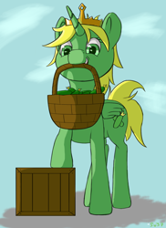 Size: 1124x1541 | Tagged: safe, artist:sv37, imported from derpibooru, oc, oc only, oc:cucumbess, alicorn, pony, alicorn oc, basket, mouth hold, solo