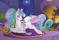 Size: 1024x683 | Tagged: safe, artist:uniquecolorchaos, imported from derpibooru, princess celestia, oc, oc:ambrosia, hybrid, pony, eggshell, female, interspecies offspring, male, momlestia, mother and daughter, mouth hold, offspring, parent:discord, parent:princess celestia, parents:dislestia, prone, shipping, straight