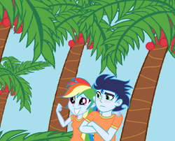 Size: 1192x962 | Tagged: safe, imported from derpibooru, rainbow dash, soarin', equestria girls, blushing, crossed arms, female, fist, male, orange shirt, palm tree, shipping, smiley face, smiling, soarindash, straight, tree