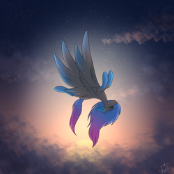 Size: 2048x2048 | Tagged: safe, artist:umiimou, imported from derpibooru, oc, oc only, oc:rina, pegasus, pony, cloud, eyes closed, female, flying, high res, mare, solo, sunrise, upside down